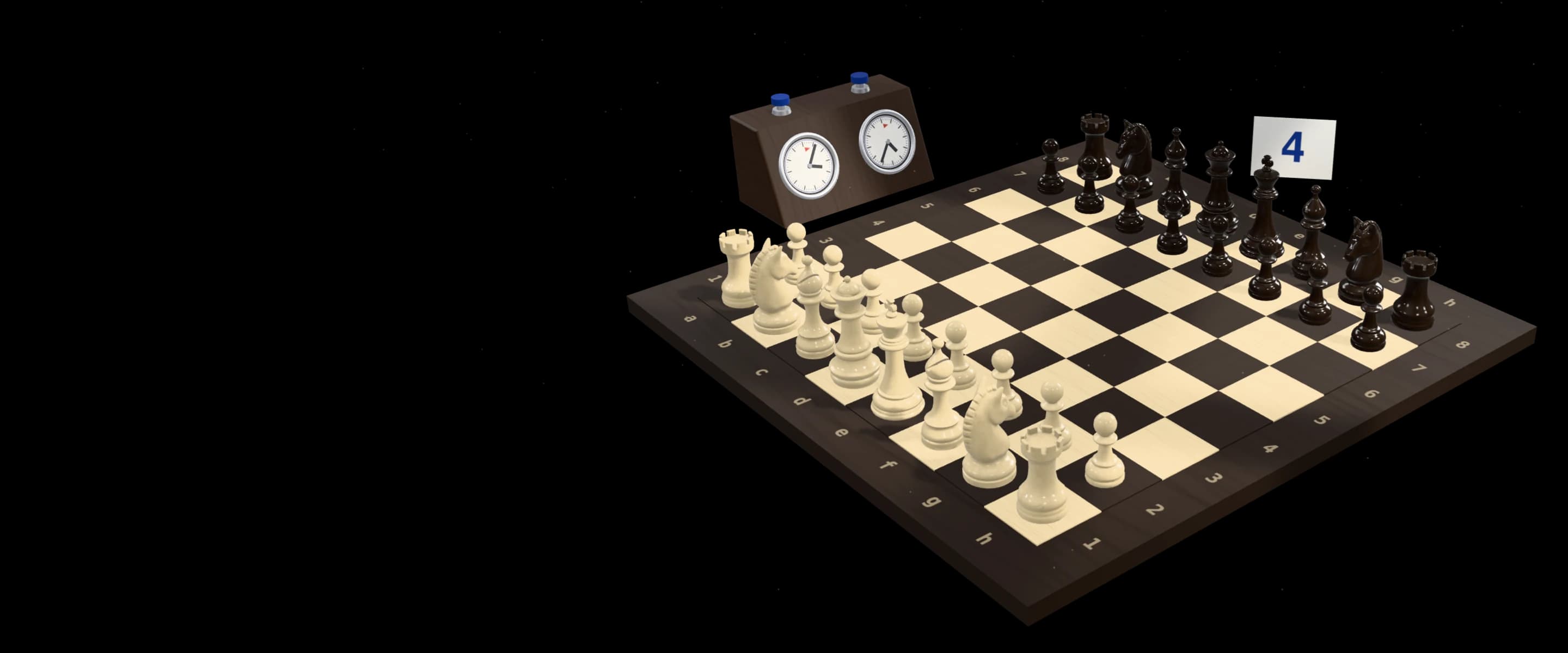 A boxwood-and-ebony chess set on its starting squares, beside an analogue chess clock and a table tent for Board 4.
