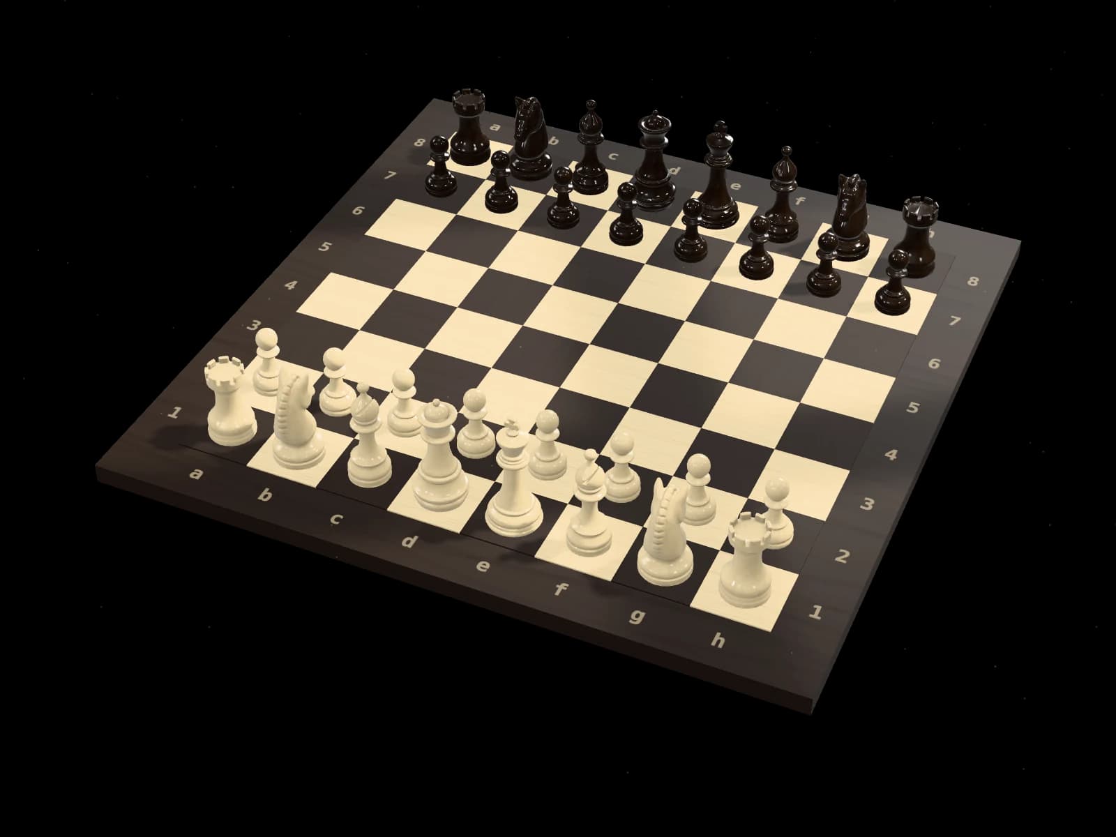 A wooden chess set on a club table playing the Halloween Gambit: 1.e4 e5 2.Nf3 Nc6 3.Nc3 Nf6, then 4.Nxe5: White’s knight takes the e-pawn and Black takes the knight back. 5.d4 and 6.e5 chase Black’s knights, one all the way home to g8, and 7.Bc4.