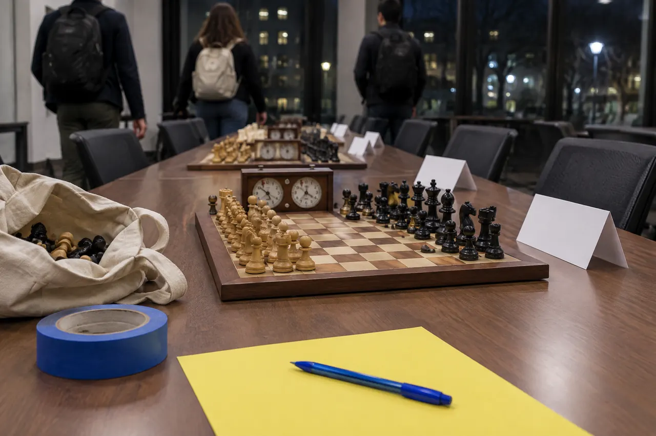 A long table in a meeting room at night, set for a chess club: wooden sets on their starting squares, chess clocks, blank table tents, a tote bag of spare pieces and a blue pen on a canary sheet, students arriving with backpacks.