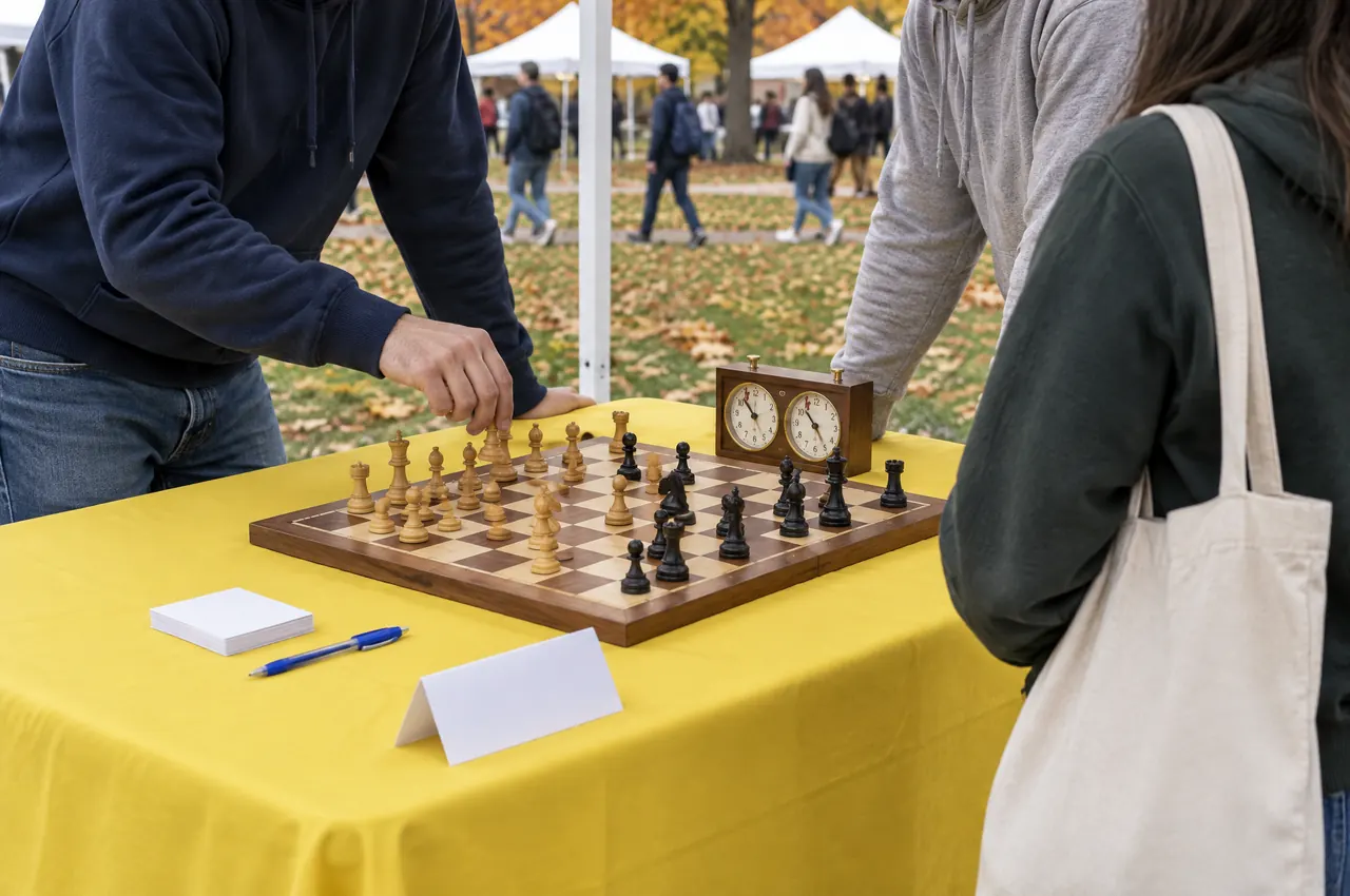 A chess game at a club-fair table on a canary-yellow tablecloth under a white canopy: two students in hoodies leaning over a wooden board and a chess clock, a blank table tent, a stack of cards and a blue pen, autumn leaves and students walking by behind.