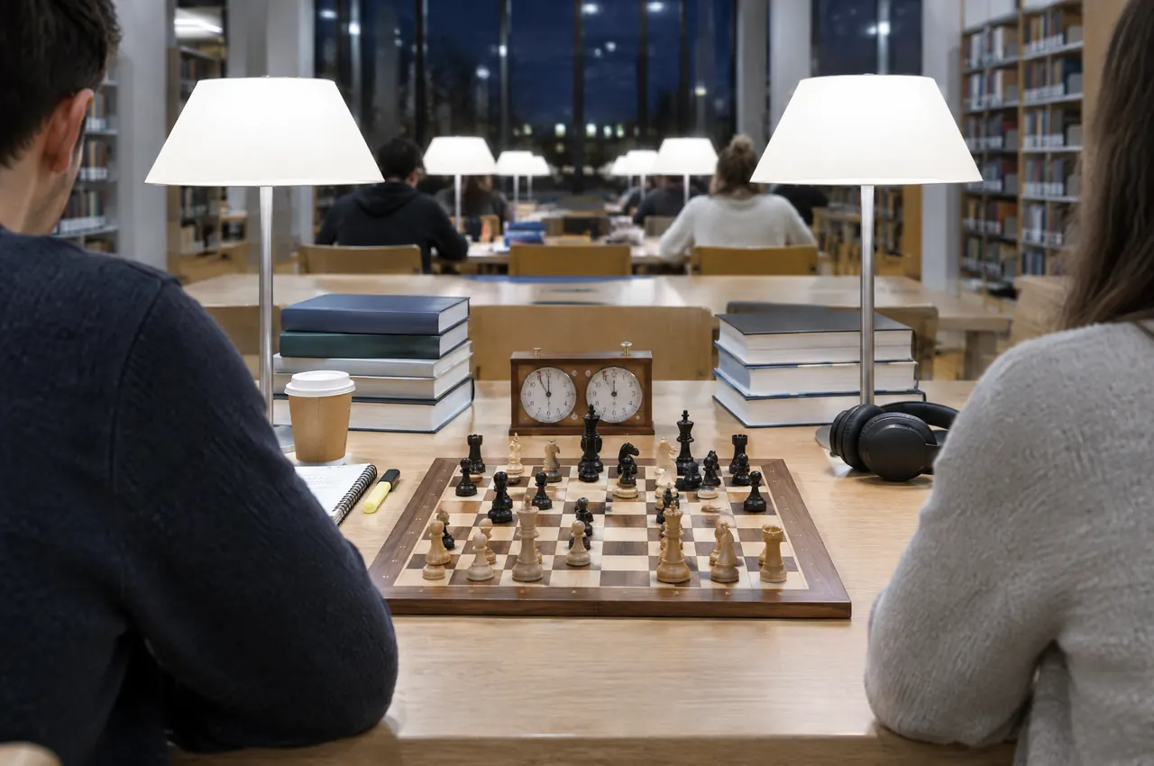 A chess game on a long library table at night, between stacks of textbooks, a coffee and a pair of headphones, under white reading lamps.