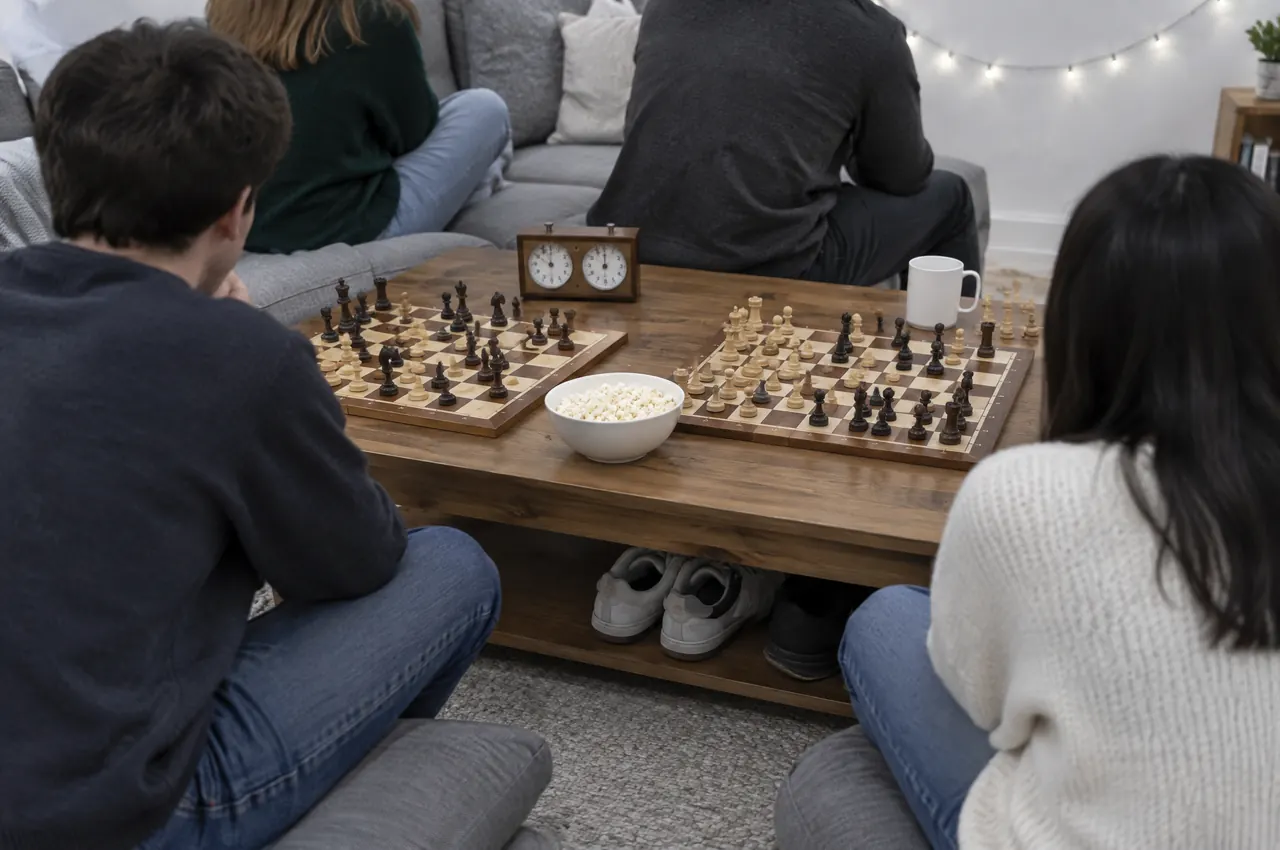 Students on a couch and floor cushions around a coffee table with two chess games, a chess clock and a bowl of popcorn in a residence common room.