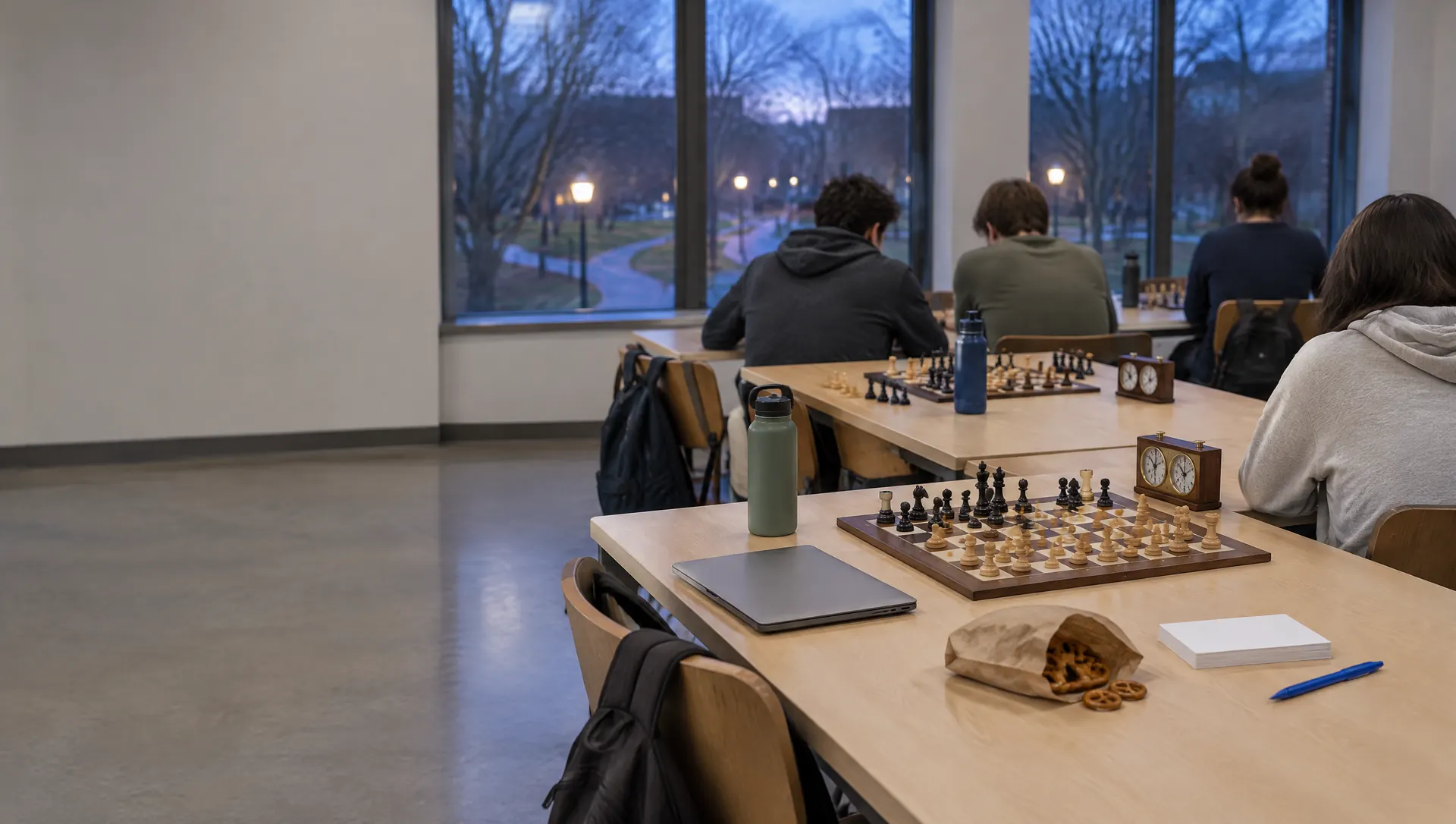 A college chess club meeting in a student union room on a weeknight: students in hoodies, seen from behind, playing at long tables with wooden sets and chess clocks, the campus paths lit outside the tall windows at dusk.