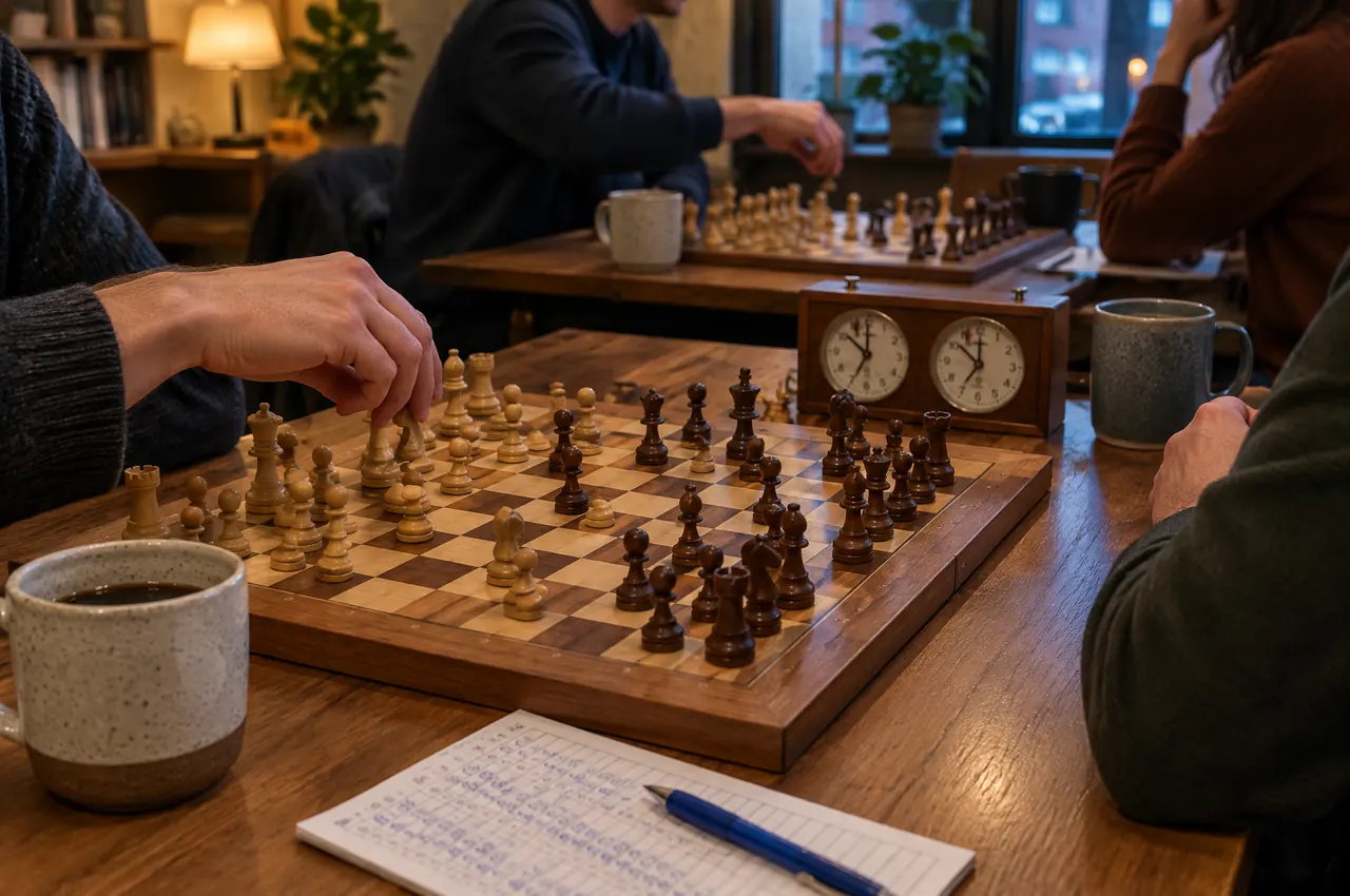 A café table close up: a hand moving a piece on a wooden board beside a chess clock and a mug of coffee.