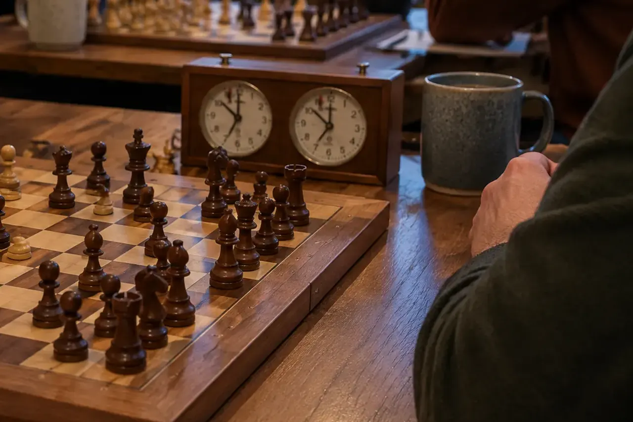 A wooden board mid-game in a café, an analogue chess clock behind it and a speckled mug beside a player’s sleeve, more boards on the next table.