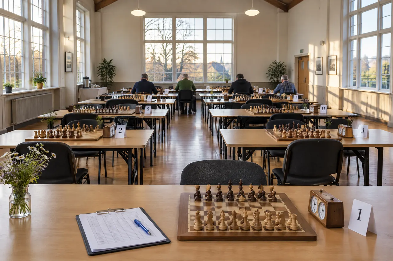 A bright community hall with tall windows and rows of tables set with chess boards, clocks and numbered table tents, a few players at the far end.