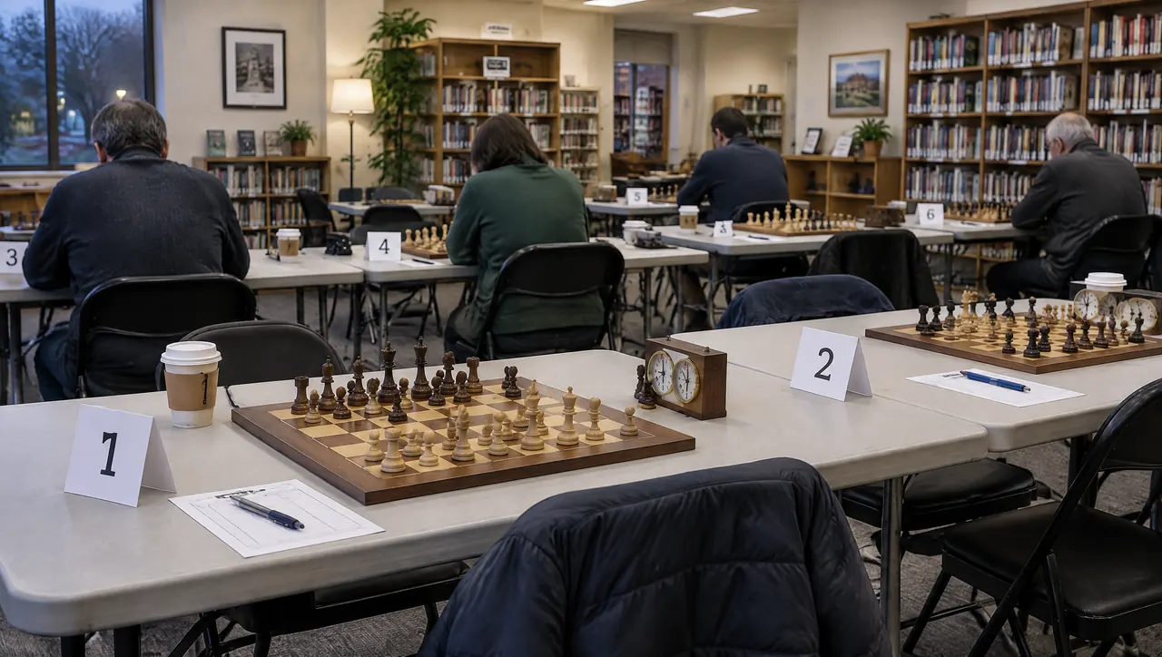 A library community room set up for club night: wooden boards on long tables, numbered table tents, a few players at the boards.