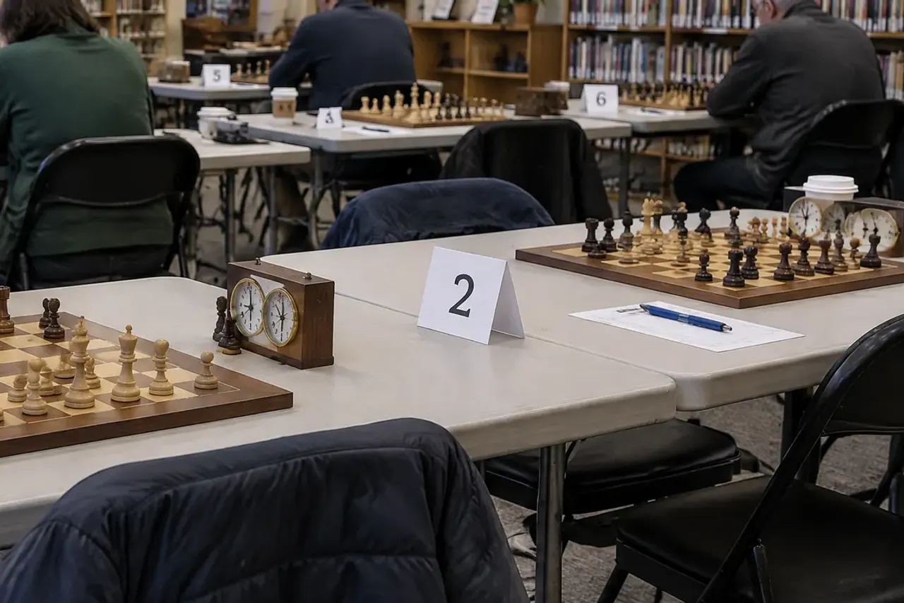 Club night among the library shelves: a table tent with a 2 between two boards, a chess clock and a blue pen on a scoresheet.