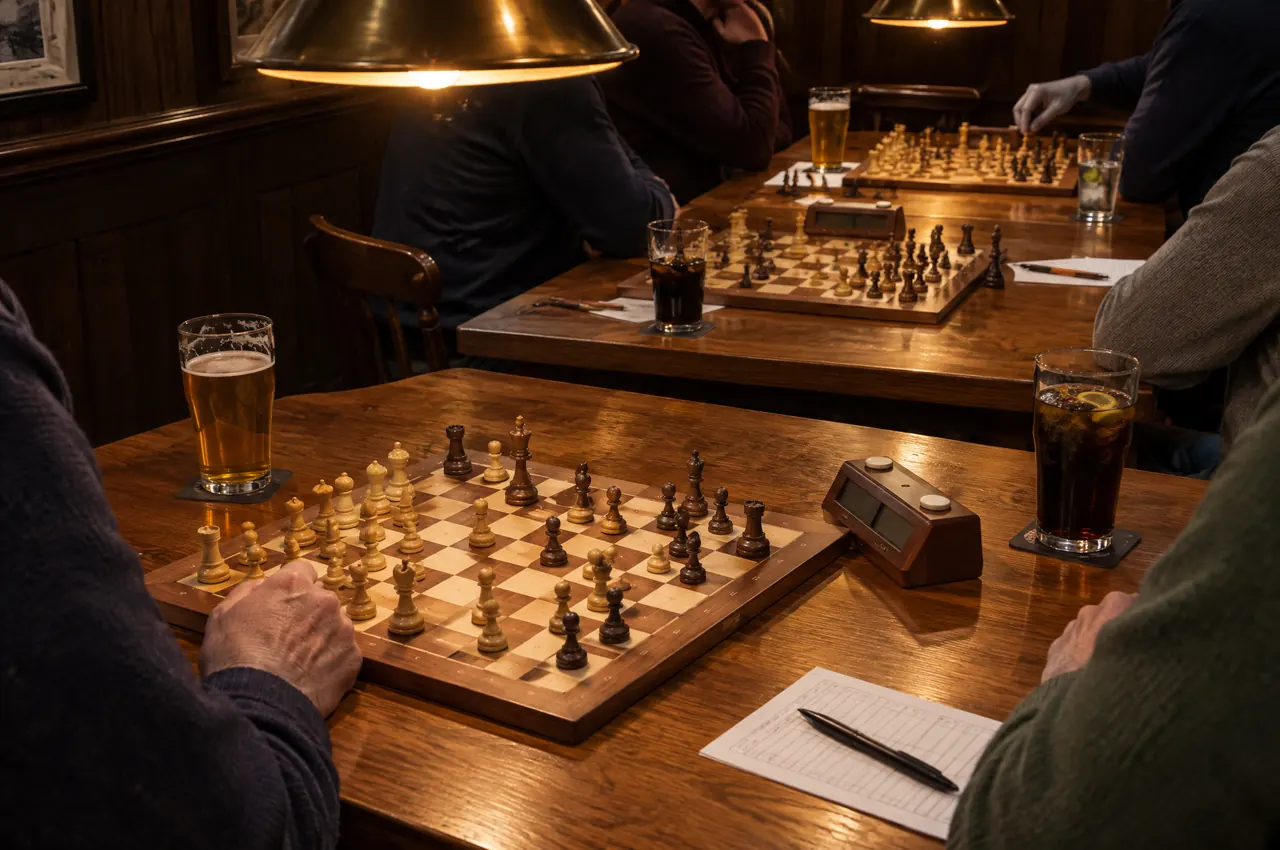 Chess boards and clocks on wooden tables in a pub’s back room, drinks beside the boards.
