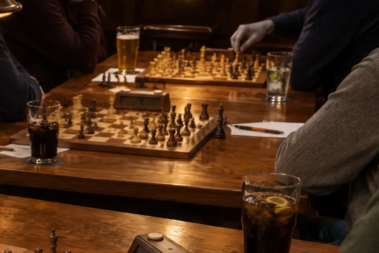 The far tables of a pub’s back room under brass lamps: games in progress, a pint and a cola beside the boards.