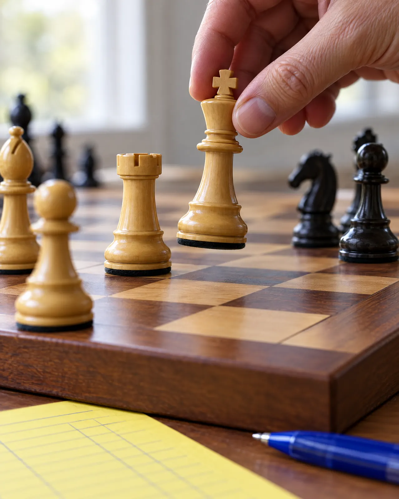 A hand lifting a wooden king to castle, the rook beside it on a walnut board, a canary scoresheet and a blue pen at the edge of the frame.