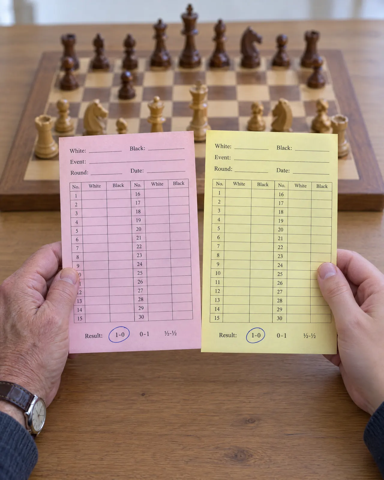 Two hands across a chessboard, each holding a scoresheet copy, one pink and one canary, with 1-0 circled on both: how rated tournaments confirm a result on paper.